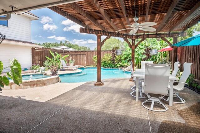 view of patio / terrace with ceiling fan, a fenced in pool, and a pergola