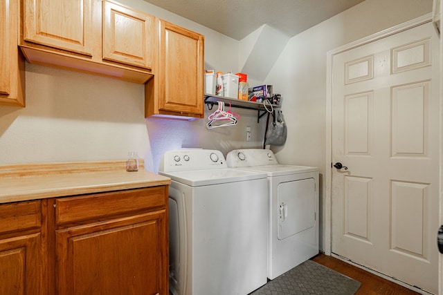 laundry room featuring cabinets, hardwood / wood-style flooring, and washing machine and clothes dryer