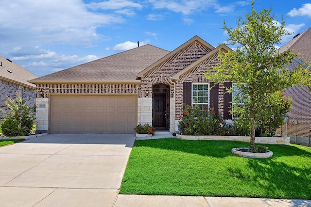 ranch-style home with a garage and a front lawn