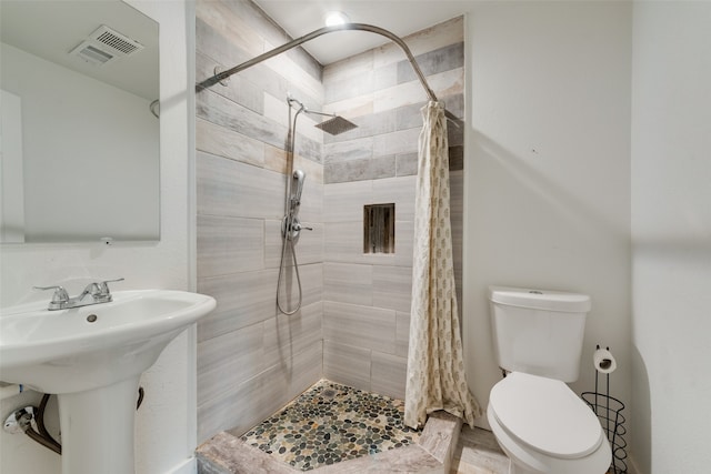 bathroom with toilet, sink, and curtained shower