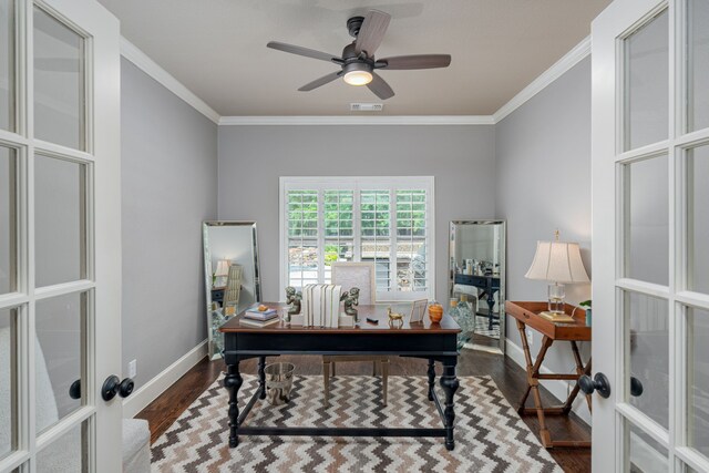 office with french doors, dark hardwood / wood-style floors, ceiling fan, and ornamental molding