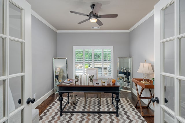 office space with visible vents, a ceiling fan, wood finished floors, crown molding, and french doors