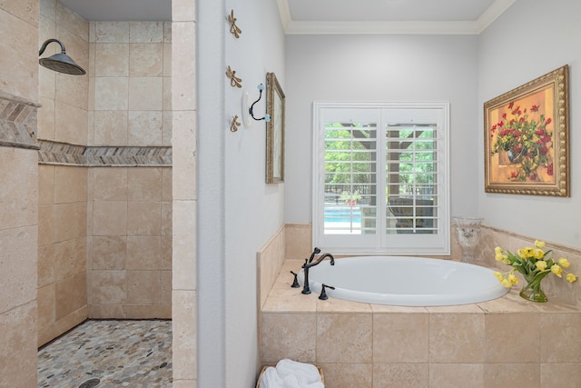 full bath with a garden tub, a walk in shower, and crown molding