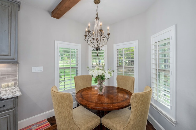 dining room with plenty of natural light, baseboards, and beam ceiling