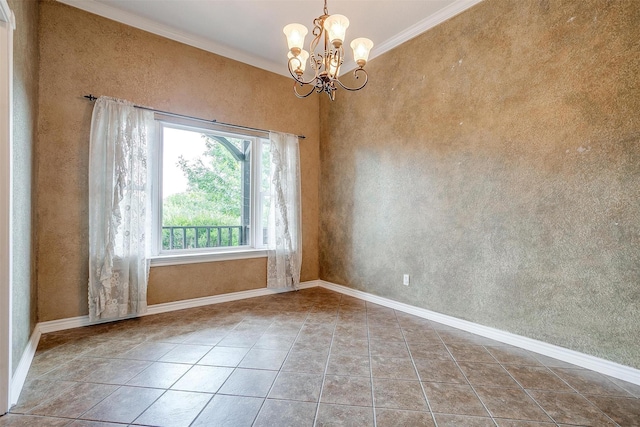 tiled spare room with ornamental molding and a chandelier