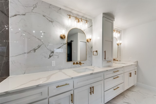 bathroom with decorative backsplash and vanity