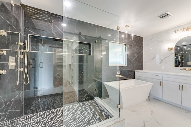 bathroom with vanity, independent shower and bath, and tile walls