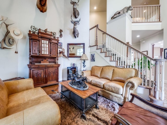 living room featuring a towering ceiling and dark hardwood / wood-style floors