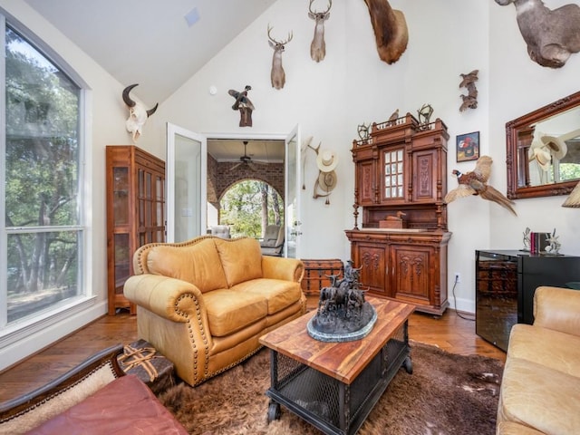 living room with dark hardwood / wood-style flooring and high vaulted ceiling