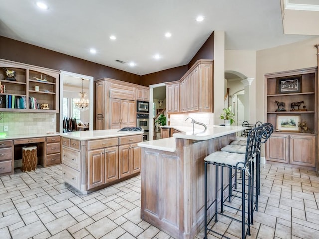 10783 Stagecoach Pass, Pilot Point, TX 76258 - kitchen featuring open shelves, a kitchen bar, tasteful backsplash, light countertops, and recessed lighting