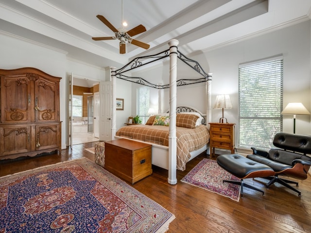 bedroom with connected bathroom, crown molding, dark hardwood / wood-style flooring, ceiling fan, and multiple windows