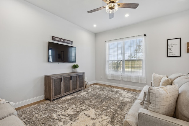 living room with ceiling fan and wood-type flooring