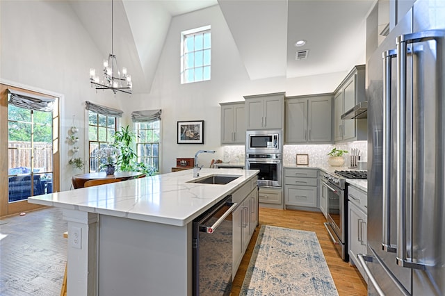 kitchen featuring an island with sink, sink, gray cabinets, high vaulted ceiling, and premium appliances