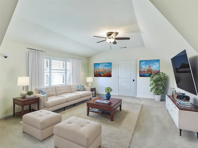 living room with vaulted ceiling, light carpet, visible vents, and baseboards