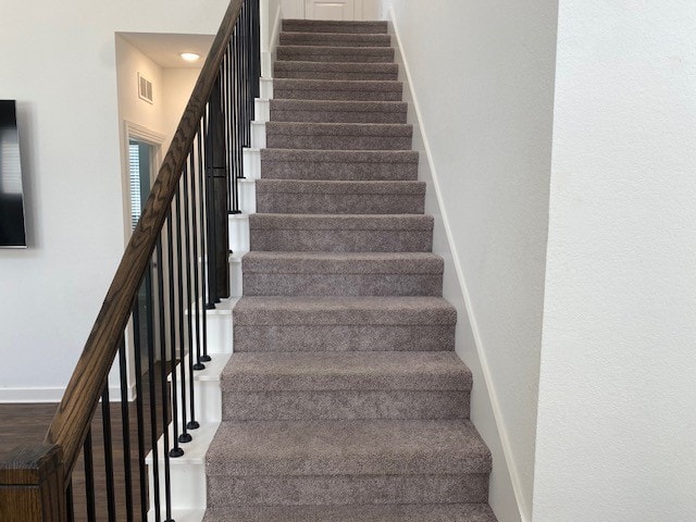 staircase featuring carpet