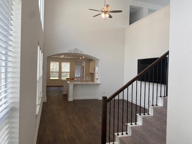 stairs featuring dark hardwood / wood-style flooring, ceiling fan, and a towering ceiling