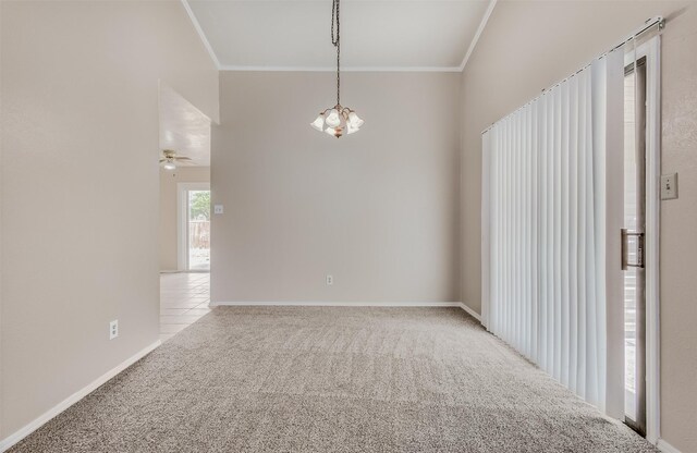 unfurnished room featuring crown molding, ceiling fan with notable chandelier, and light colored carpet