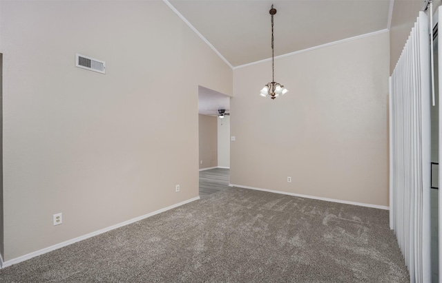 4500 Larner St, The Colony, TX 75056 - spare room with ornamental molding, carpet floors, a chandelier, a ceiling fan, and high vaulted ceiling