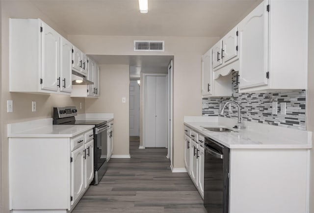 4500 Larner St, The Colony, TX 75056 - kitchen featuring stainless steel range with electric cooktop, a sink, dishwasher, wood finished floors, and white cabinetry