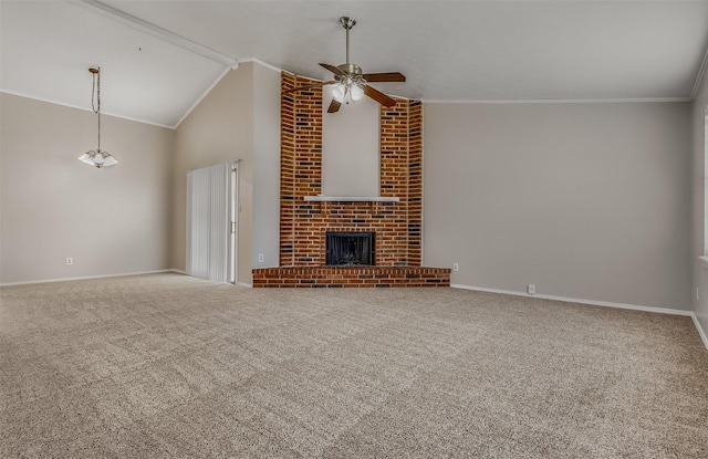4500 Larner St, The Colony, TX 75056 - unfurnished living room with ceiling fan, ornamental molding, baseboards, carpet, and high vaulted ceiling