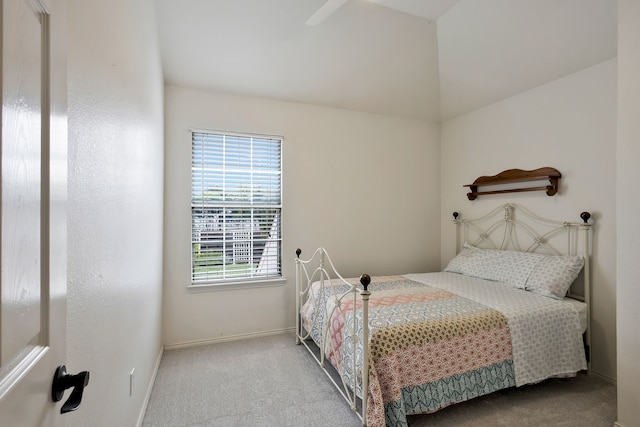 bedroom with light colored carpet and ceiling fan