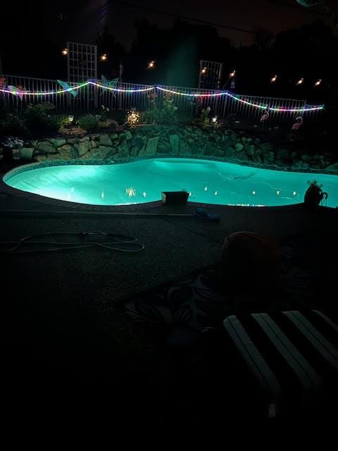 view of pool at night