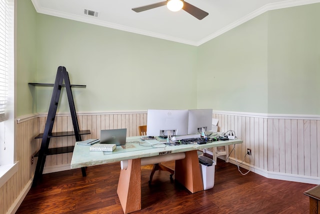 office space with ceiling fan, crown molding, and dark hardwood / wood-style flooring