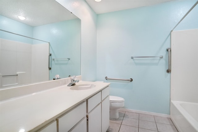 full bathroom featuring tile patterned flooring, a textured ceiling, shower / bath combination, toilet, and vanity