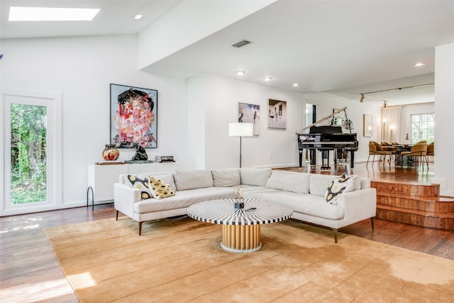 living room with lofted ceiling with skylight, light wood-type flooring, and a healthy amount of sunlight