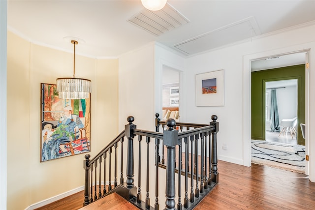 hall with plenty of natural light, a chandelier, crown molding, and hardwood / wood-style floors