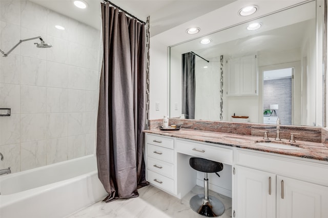 bathroom with tile patterned floors, vanity, and shower / bathtub combination with curtain