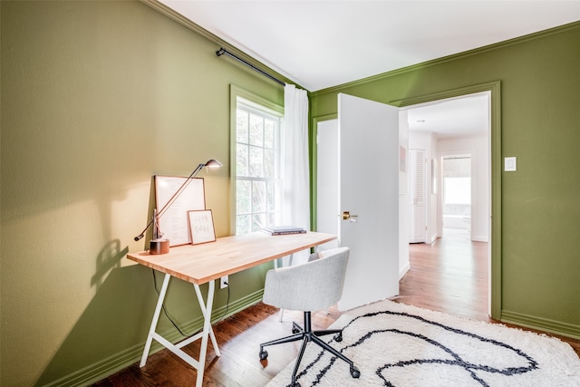 office space with hardwood / wood-style floors