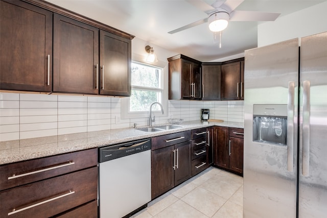 kitchen with tasteful backsplash, ceiling fan, stainless steel fridge with ice dispenser, sink, and dishwasher