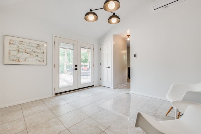 doorway to outside with light tile patterned flooring, lofted ceiling, french doors, and a wall mounted AC