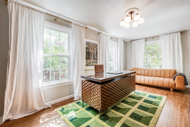 interior space with an inviting chandelier and hardwood / wood-style flooring