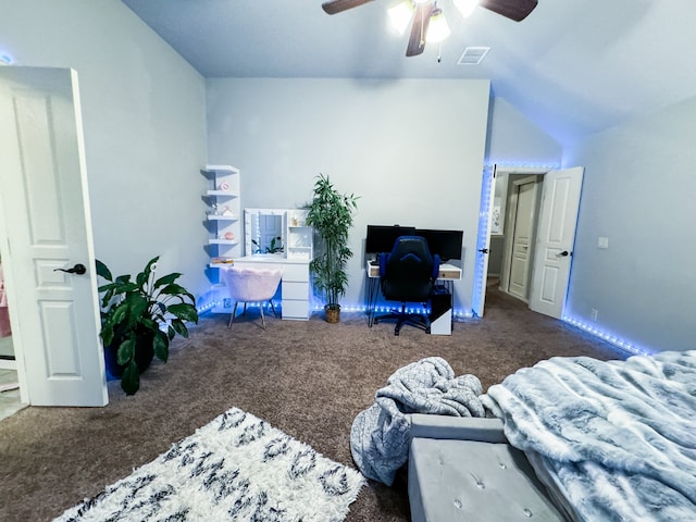 bedroom featuring lofted ceiling, carpet floors, and ceiling fan