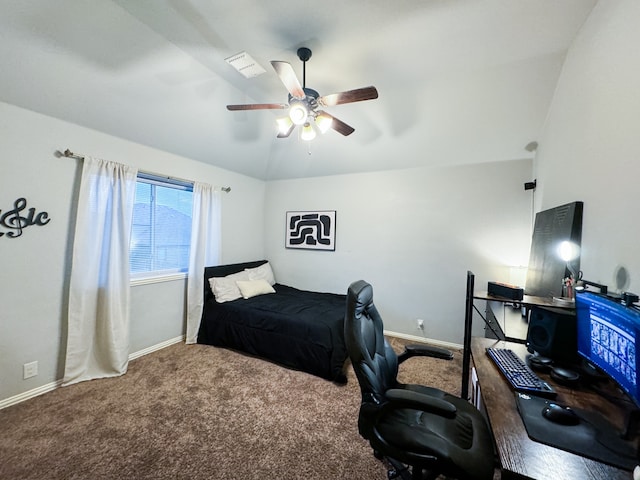 carpeted bedroom with lofted ceiling and ceiling fan