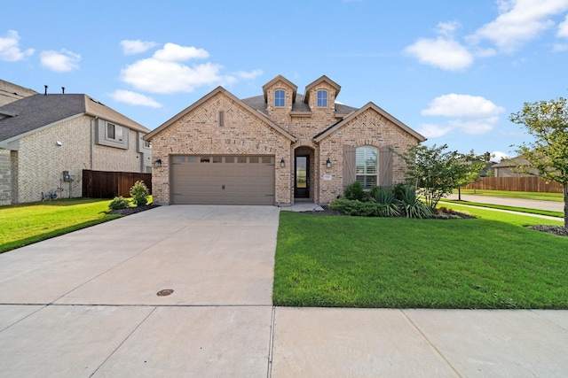 french country home with a yard and a garage