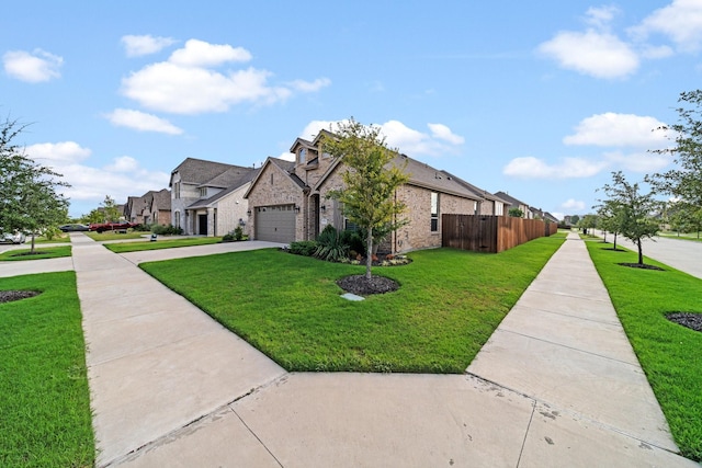 exterior space with brick siding, fence, driveway, a residential view, and a front lawn