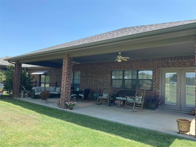 view of patio with french doors, ceiling fan, and an outdoor hangout area