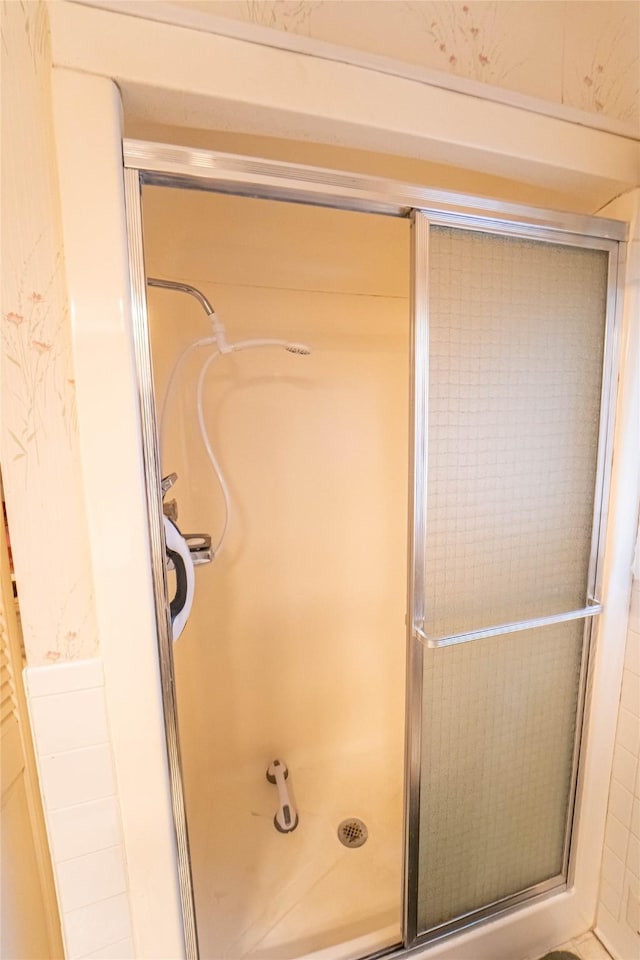 bathroom featuring a shower with shower door