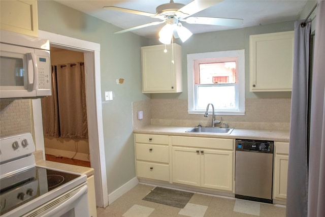 kitchen featuring sink, white appliances, ceiling fan, and backsplash