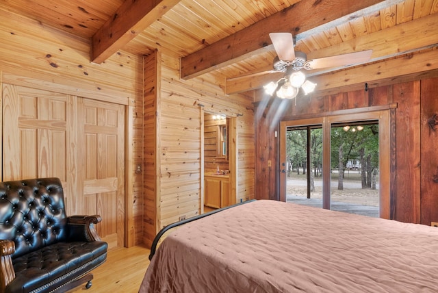 bedroom with wood ceiling, wood walls, beamed ceiling, and light hardwood / wood-style flooring