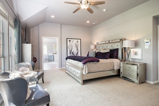 carpeted bedroom featuring ceiling fan and lofted ceiling