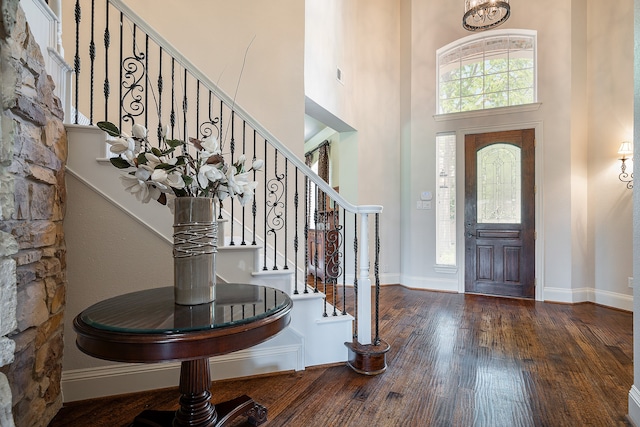 foyer entrance featuring a towering ceiling and dark wood-type flooring