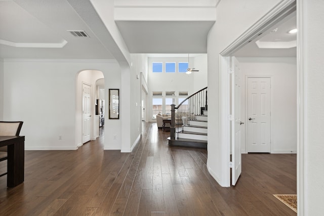 foyer with a towering ceiling and dark wood-type flooring