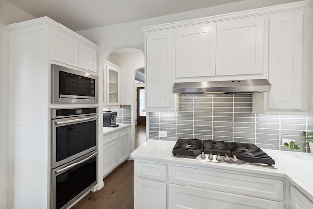 kitchen with decorative backsplash, white cabinets, appliances with stainless steel finishes, and range hood