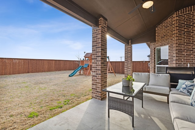 view of patio / terrace with a playground and an outdoor hangout area