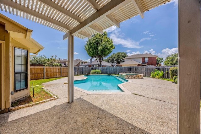 view of swimming pool featuring a pergola, an in ground hot tub, and a patio