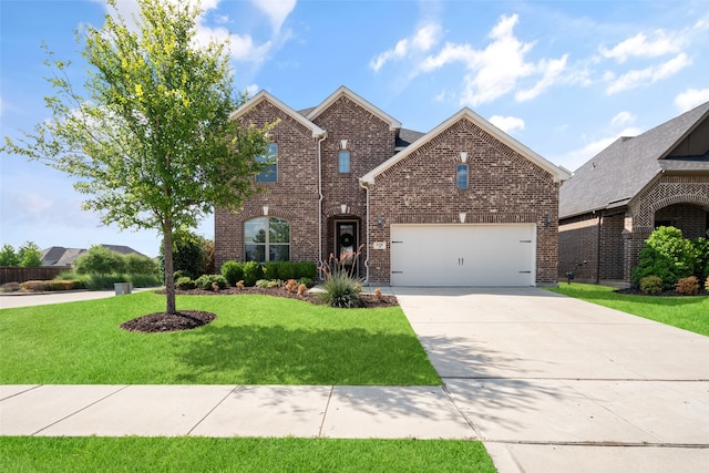 front facade with a garage and a front yard